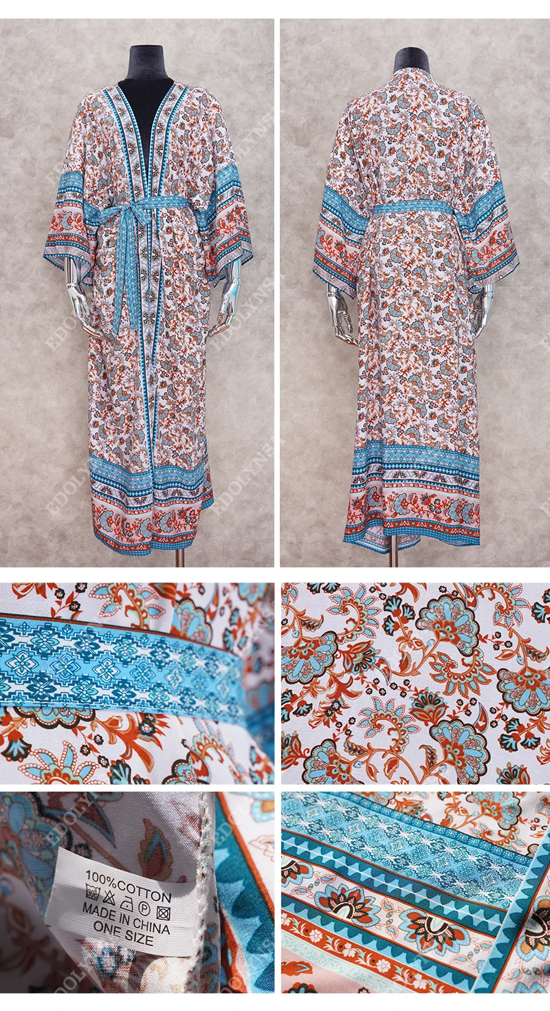 2020 Bohemian Printed Self Belted Loose Summer Beach Tunic Plus Size Beachwear Long Kimono Cardigan Boho Women Tops Blouse N996