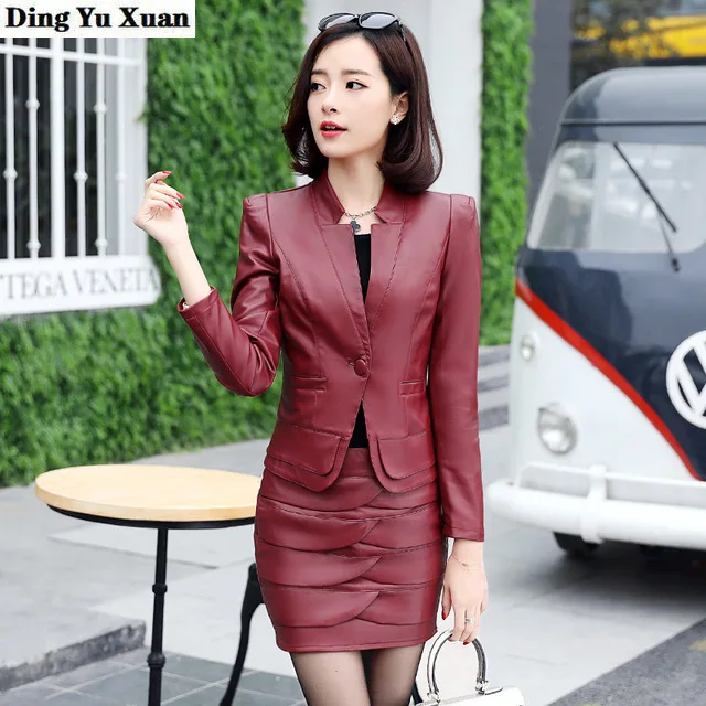 Autumn Ladies Elegant Faux Leather Skirt Suit For Women Black Burgundy