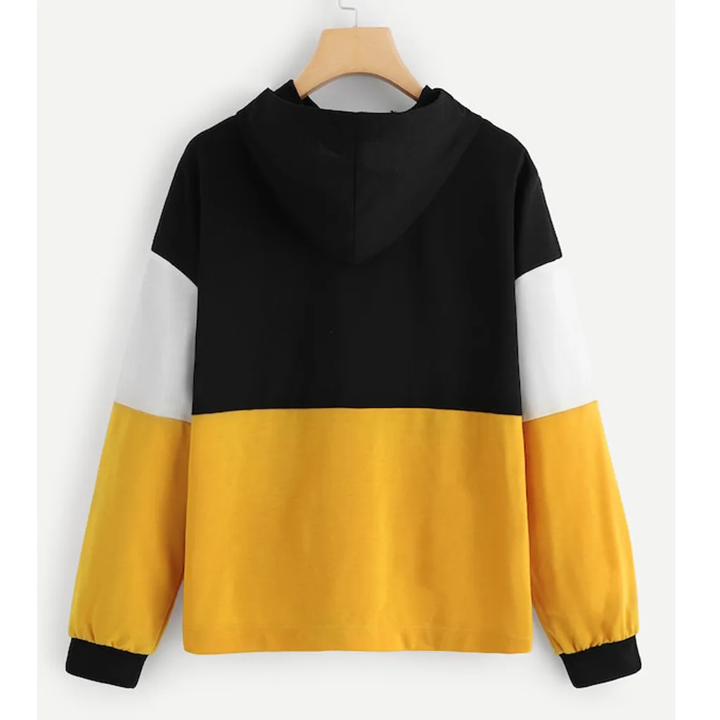 JAYCOSIN Fashion Women Zipper Hoodie Color Block Sweatshirt Casual Simple Loose O-Neck Comfortable Soft Jumper Blouse