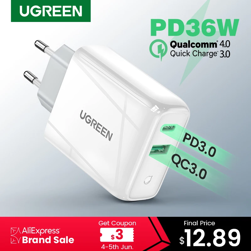 Ugreen 36W Fast USB Charger Quick Charge 4 0 3 0 Type C PD Fast Charging