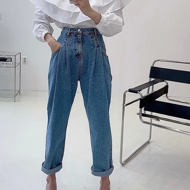 Alien Kitty 2022 New Spring Summer Full Length Denim Pants High Waist Office Lady Jeans Solid Loose Elegant Trousers denim capris Pants & Capris