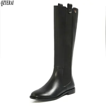 

QZYERAI knee boots Female boots Genuine leather black The knight Women's boots Autumn winter Women's shoes Size 34-40