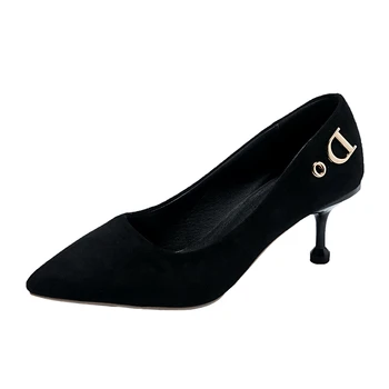 

Korean wild thin French small fresh high heels girl matte suede light beige blue 5cm cat heel shoes