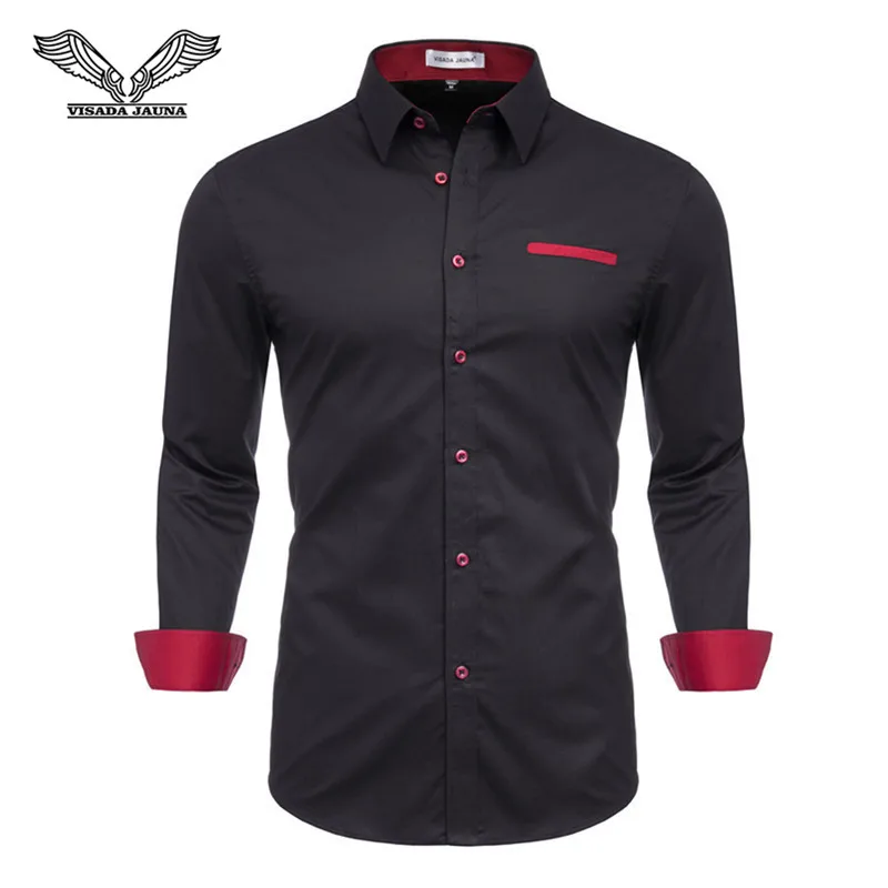 VISADA JAUNA Мужская рубашка большого размера в европейском и американском стиле с длинным рукавом Европейский размер M-3XL TLH43 - Цвет: Black