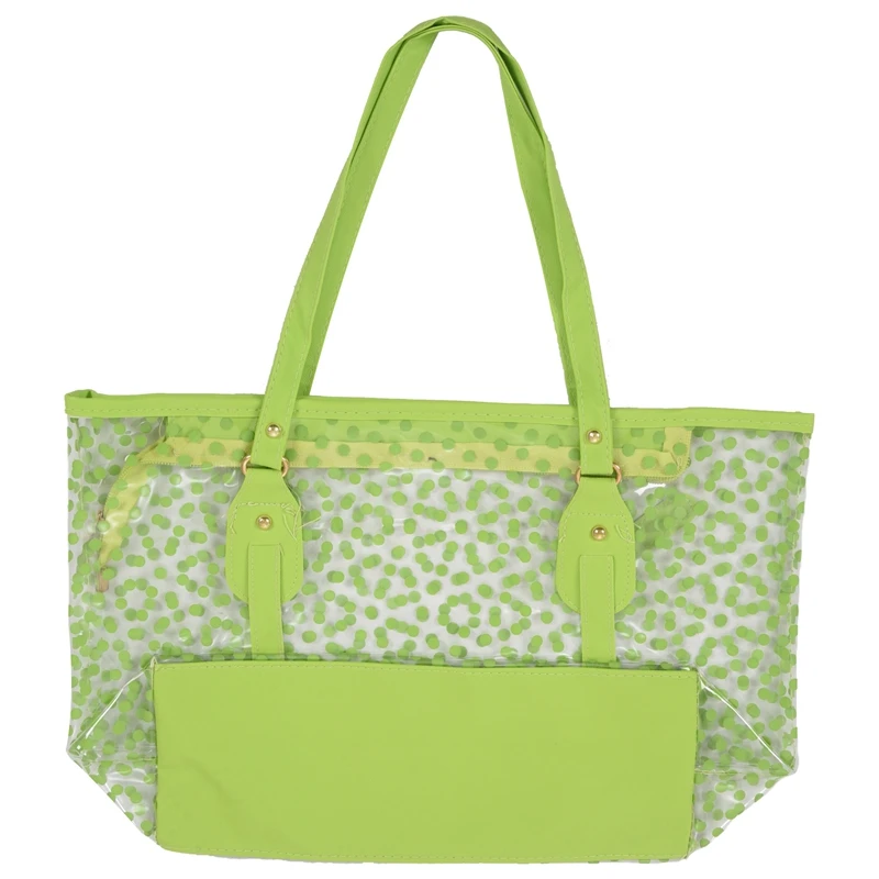 Ladies Dots Pattern Transparent Zipper Panel Design Carrying Bag with Pocket- green, One Size