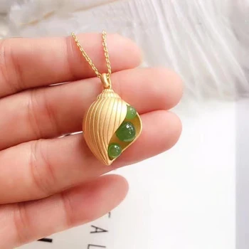 

silver inlaid natural Hetian Chalcedony conch Pendant Necklace Chinese style retro court charm minority design women's jewelry