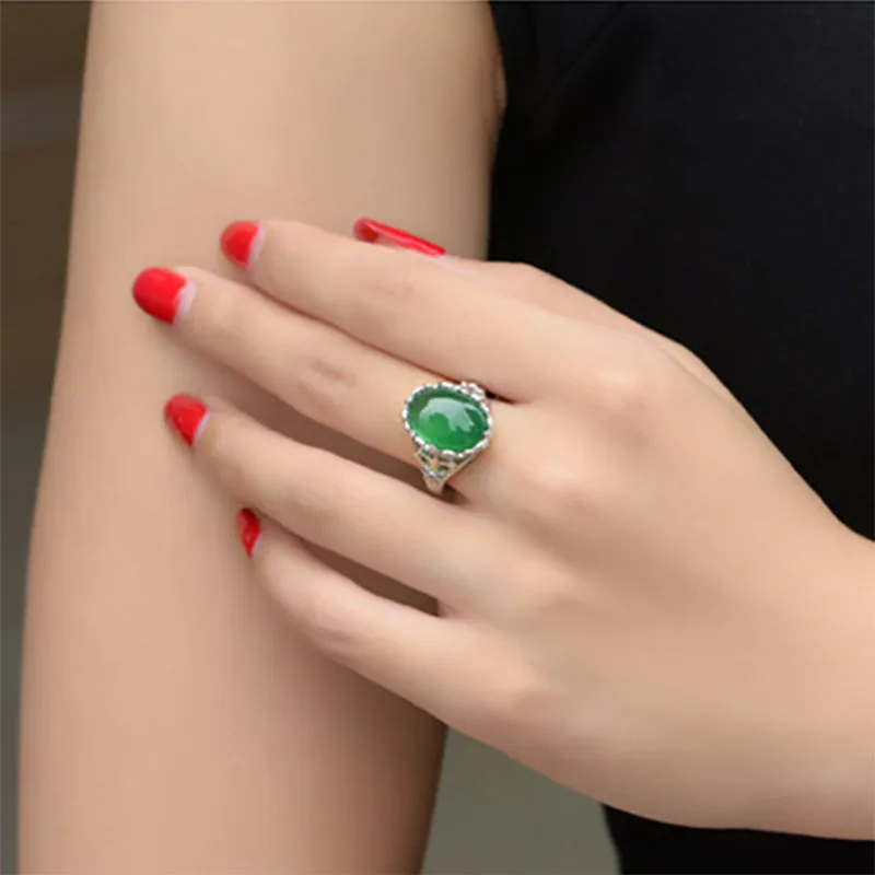 Cellacity Classic Fine Jewelry with Gemstones Silver 925 Ring for Women 15*12mm Green Chalcedony Opening adjustable Female Gift