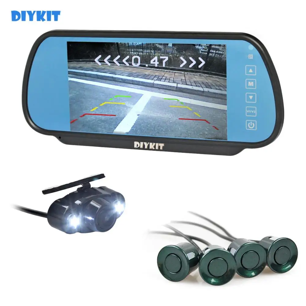 DIYKIT Video Parking Radar 4 Sensors + 7 inch Build-in LCD Display Mirror Car Monitor + LED Night Vision HD Rear View Camera