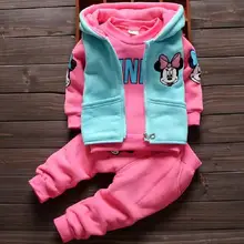 Комплекты одежды из толстого плюша для маленьких девочек зимняя детская одежда 4 цвета толстовки с капюшоном с Минни брюки с жилеткой 3 шт. детская одежда
