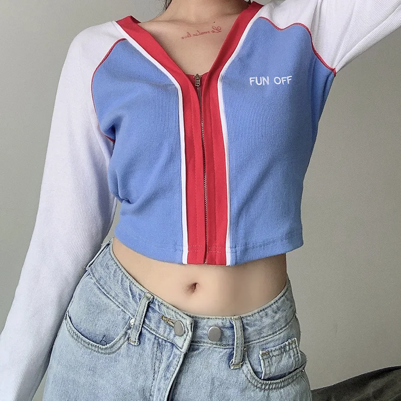 Женский укороченный кардиган с V образным вырезом длинным рукавом на молнии| |