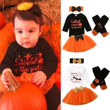 

My First Halloween Newborn Baby Girl Clothes Cartoon Romper Top Skirt Stockings Headband 4PCS Autumn Long Sleeve Outfits 0-18M