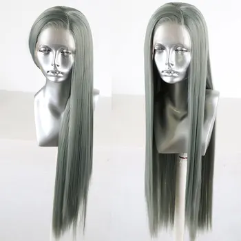 

Bombshell Ash Green Straight Synthetic 13*3 Inch Lace Front Wig Heat Resistant Fiber Natural Hairline Side Parting For Women WIg