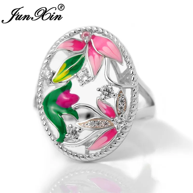 Female Colorful Enamel Flower Ring 925 Silver Color Big Oval Geometric Wedding Rings For Women Luxury Engagement Ring Jewelry Cz