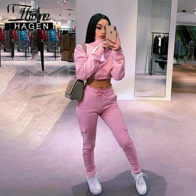 Розовый спортивный костюм женский комплект с длинным рукавом Тонкий свитер