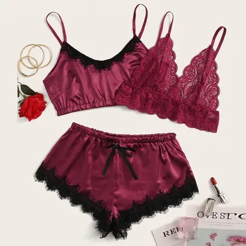 

New 3pc Women Lace Bra Stain Silk Camisole Pajamas Sleepwear Shorts Lingerie Set домашняя одежда домашний костюм 2020 Nightwear