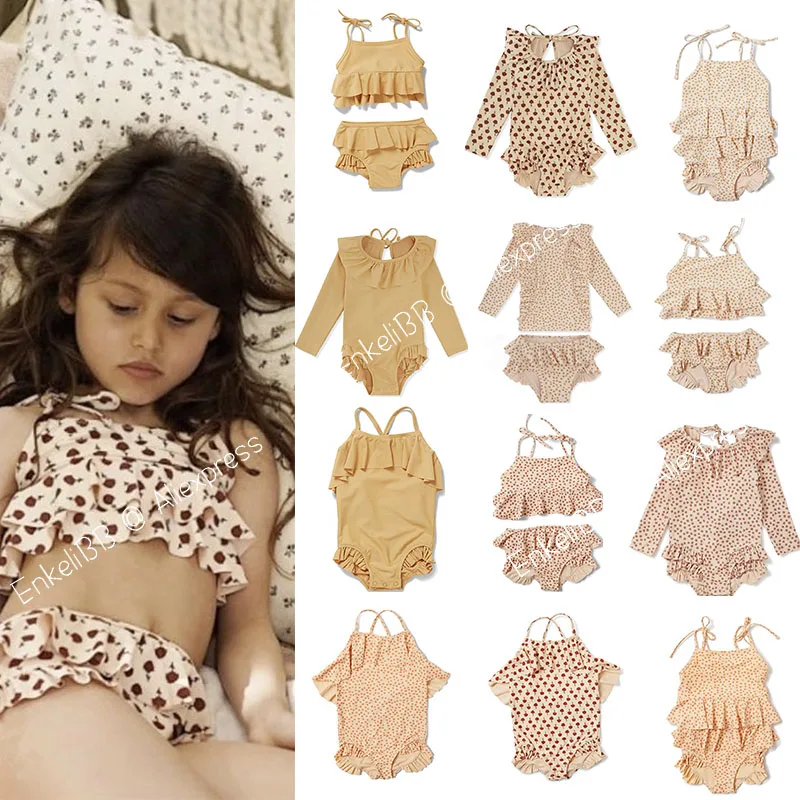 2021 New KS Kids Girls Swimming Suits Vintage Style Beautiful Flower Pattern Swimwears Toddler Hawaii Clothes Sets Ruffle |