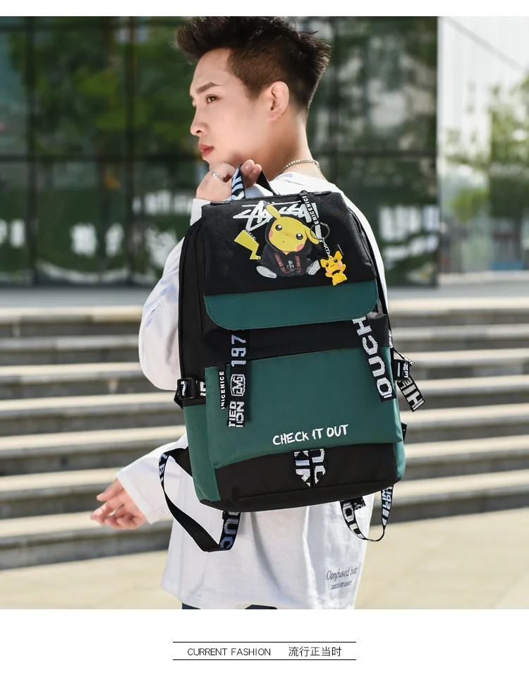 Action Large Pikachu Backpack with USB Charge Line Student Schoolbag Cute Cartoon Pikachu Couple Bags Quality Canvas Bag Gift