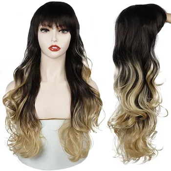 

Long Synthetic Wavy Wigs With Bangs Natural Curly Dark Brown gold Wigs for Women Cosplay Wigs Heat Resistant Fiber Wigs