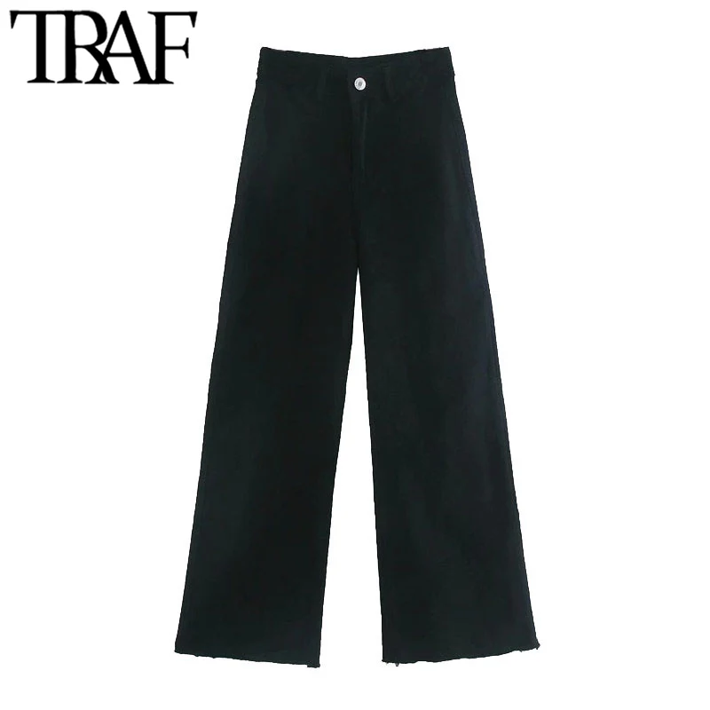 TRAF-pantalones vaqueros rectos con bolsillos para Mujer, vaqueros con flecos deshilachados, de cintura alta, con cremallera, a la moda