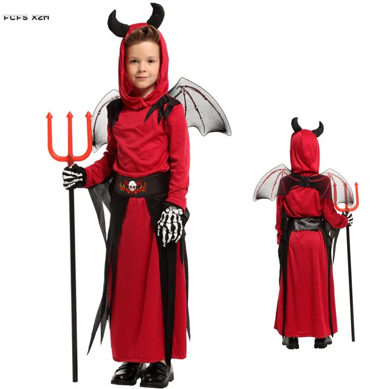 

M-XL Red Boys Halloween Demon Costumes Kids Children Hell Devil Scary Cosplay Carnival Purim Stage play Masquerade party dress