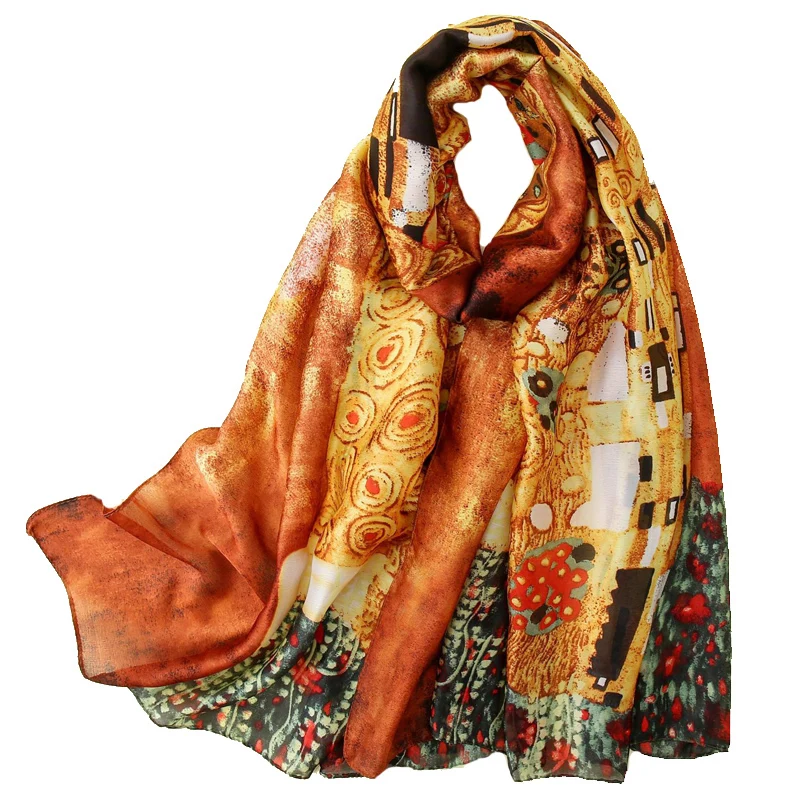 Visual Axles Gustav Klimt Oil Painting Silk Scarf The Tree Of Life Shawl Foulard for Women Bandana Spring Scarves 6