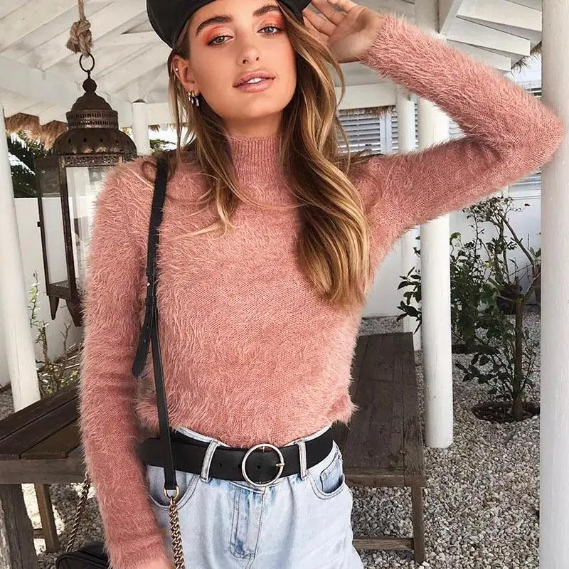 

Aartiee Long sleeve Turtleneck Hairy Sweater women 2019 Autumn winter Casual ladies Knitted pullovers Fashion female jumpers top
