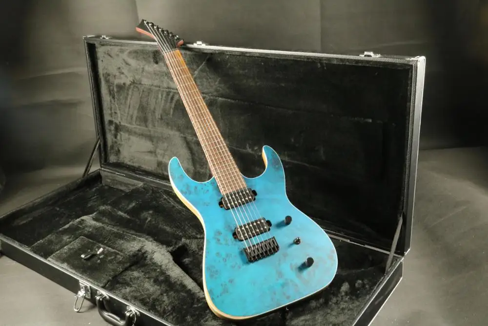 

High end quality 7 string electric guitar guitarra blue burlmaple top string through body 24frets fretboard guitar free shipping