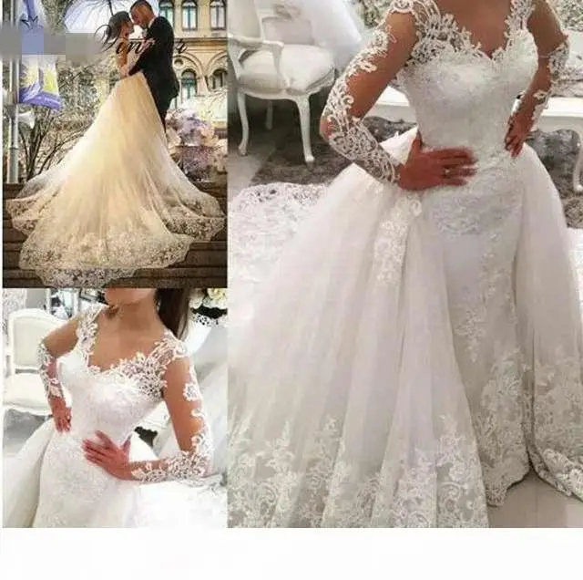 

Кружевное свадебное платье с юбкой годе из Дубая, платья со съемным шлейфом, платье с длинным рукавом и вышивкой бисером, платье с аппликацией