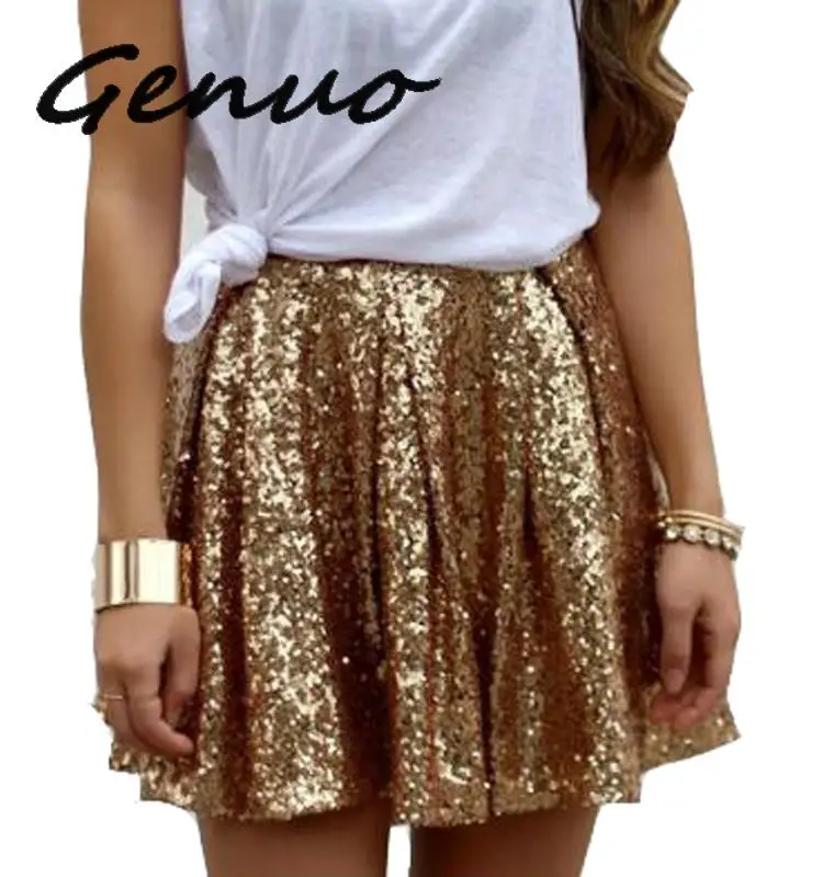 Genuo New Sequined Gold Women's Mini Pleated Skirt Bling Loose Skirts Sexy Club Short Female Saias Femininas Skirts