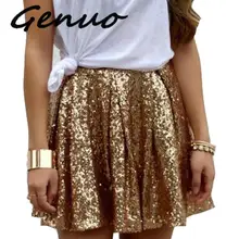 Genuo New Sequined Gold Women's Mini Pleated Skirt Bling Loose Skirts Sexy Club Short Female Saias Femininas Skirts