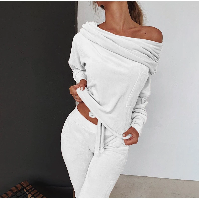 

2pc One-shoulder Velvet Women's Home Wear Suit Solid Color Long-sleeved Pocket Lace-up Top High-waist Slim-fit Trousers