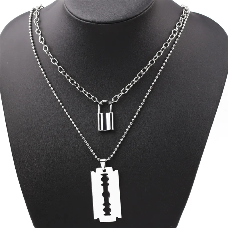 

Fashion Layered Chains Harajuku Style PadLock Pendant Necklaces Rock Thorns Flame Lock Blade Necklaces for women Metal Jewelry