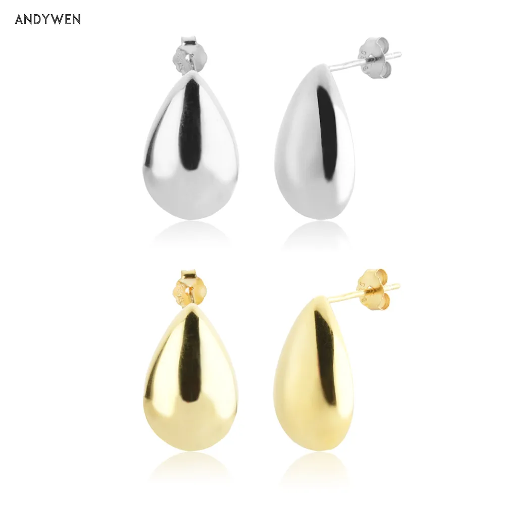 

ANDYWEN 100% 925 Sterling Silver Gold Pear Oval Pure Stud Earring Clips Piercing Pendientes 2021 Women Wedding Jewelry Gift