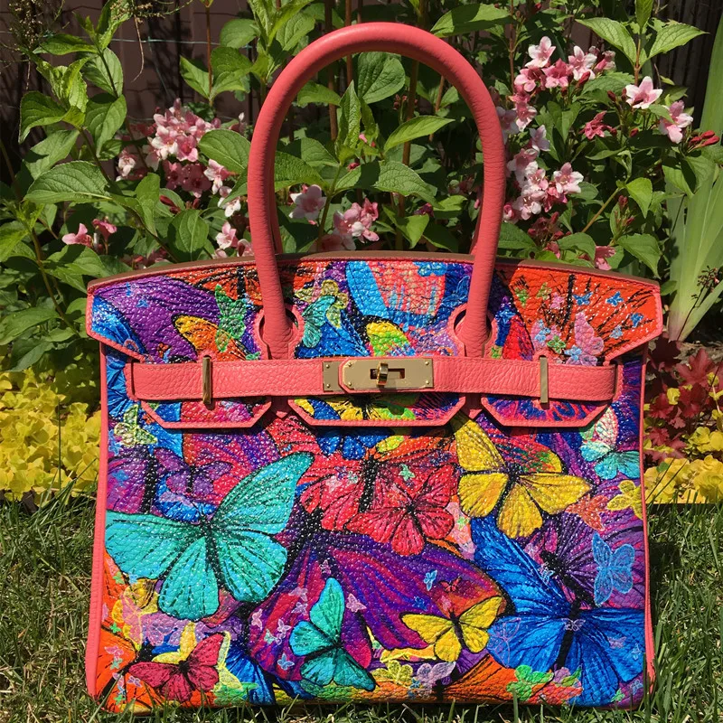 

Graffiti Ladies Handbag Real Leather Butterfly Pattern Graffiti Female Bag DIY Custom Woman Handbags Totes Gold Hardware