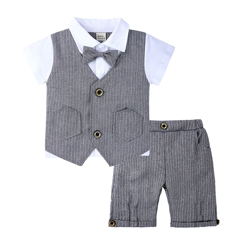 Весенне-осенний комплект одежды в джентльменском стиле из 2 предметов для маленьких мальчиков, Повседневная футболка с фальш-жилетом галстук, Короткие штаны комплекты для маленьких мальчиков - Цвет: Серый