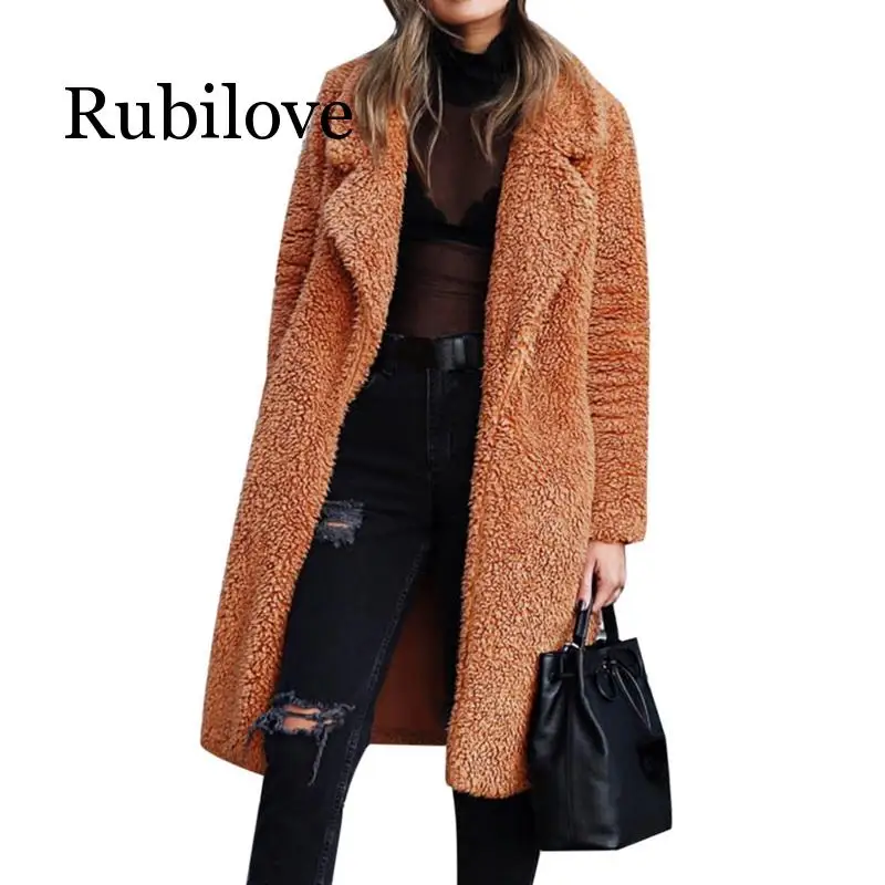 Rubilove осенне-зимняя модная женская длинная верхняя одежда из искусственного меха, куртки, теплое плюшевое пальто, Повседневная Уличная одежда, Женская куртка - Цвет: caramel