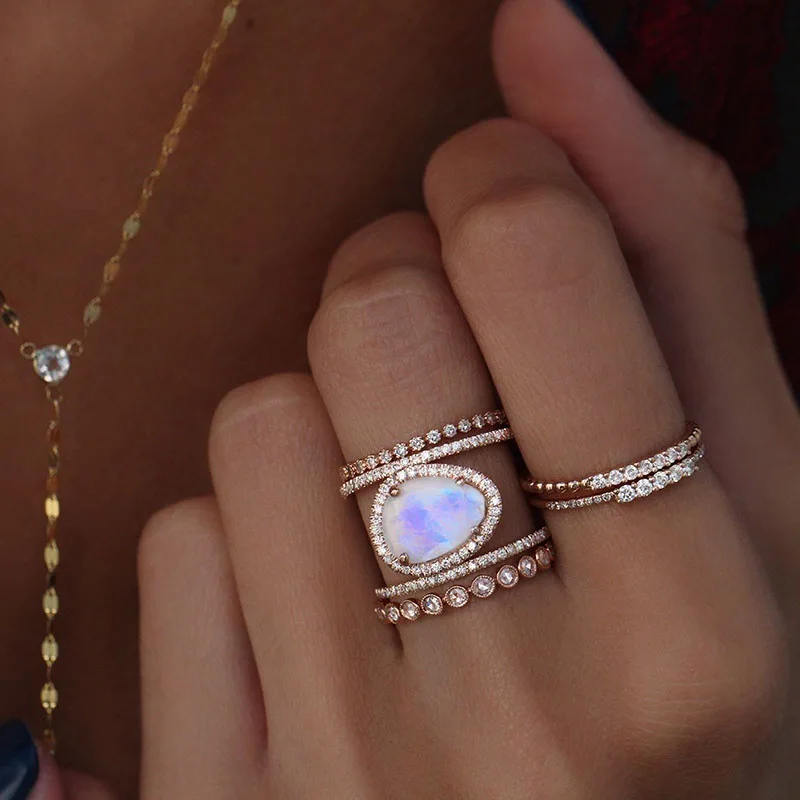 Rose Gold/wedding CZ/Gold Retro Double Layer Antique Zinc Elliptic Moonstone Female Opal Ring Fashion Jewelry for Men and Women | Украшения