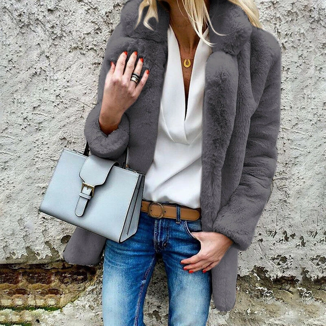Женское флисовое пальто с отворотом, модное меховое пальто с длинным рукавом для женщин, верхняя одежда из искусственного меха, зимняя теплая пушистая плюшевая куртка, пальто - Цвет: Dark Gray