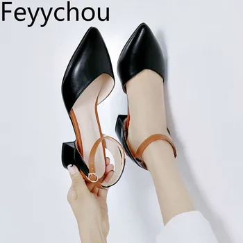 

Women Pumps Med Heel Shoes Pu Pointed Toe Buckle D'Orsay Two-piece Mixed-colors 2020 New Sexy Fashion Sweet Black Beige