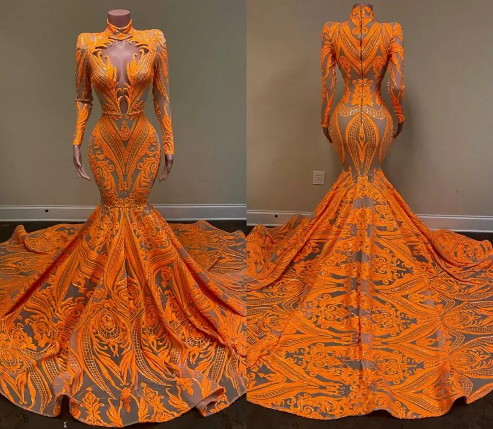 

Orange Evening Dresses Luxury Appliqued Sequined High Neck Sweep Train Mermaid Prom Dress Real Image Formal Gowns Party Wear