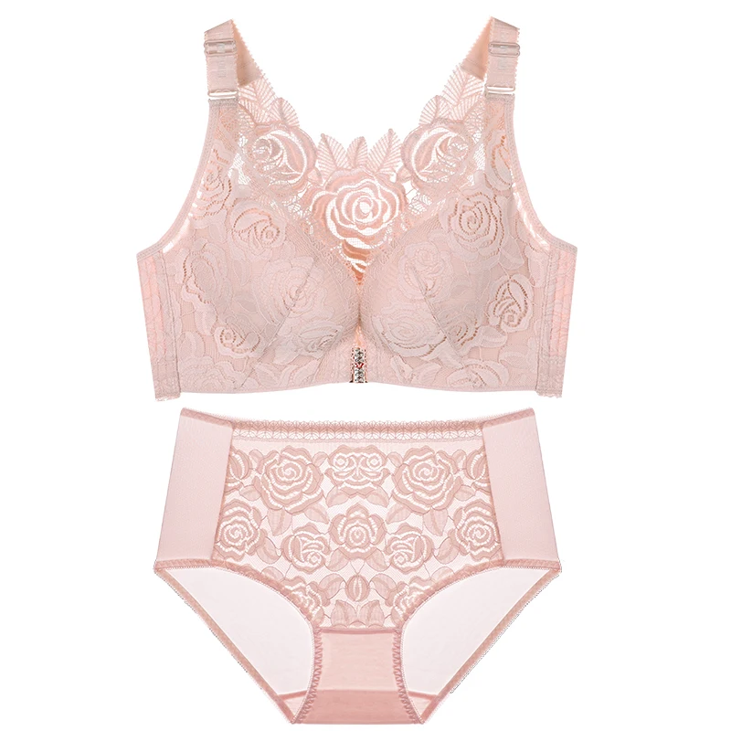 Large size front buckle rose underwear set without steel bracket woman large bra fat MM 200 kg large size bra set 52D 120D