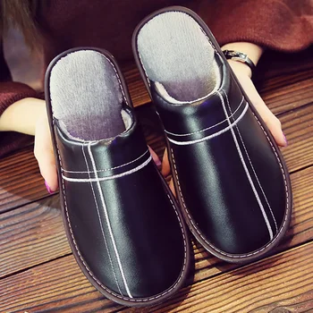 

Plus size 12 leather slippers women indoor slippers short plush shoes women 2019 fashion home slippers female shoes unisex