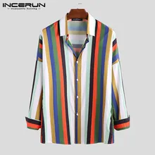 INCERUN стильная рубашка в полоску с цветным блоком для мужчин, дышащий с длинным рукавом, на пуговицах, уличный лацкан, свободные базовые рубашки для мужчин Camisa