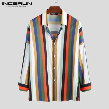 

INCERUN Stylish Color-block Striped Shirt Men Breathable Long Sleeve Button Up Street Lapel Loose Basic Shirts Men Camisa 2020