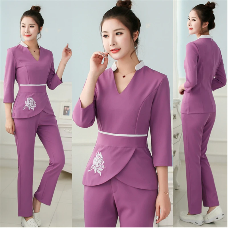 Purple High Quality 2PCS Set Woman Dentist Hospital Spa Unifrom Beauty Salon Bar Overalls Massage Embroidery V-Neck Work Uniforms - Цвет: Purple