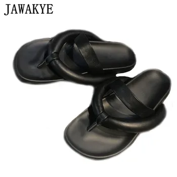 

JAWAKYE New Black Genuine Leather Flipflops Women Summer Flat Platform Clip On Slides Split Toe Casual Slippers Cozy Beach Shoes