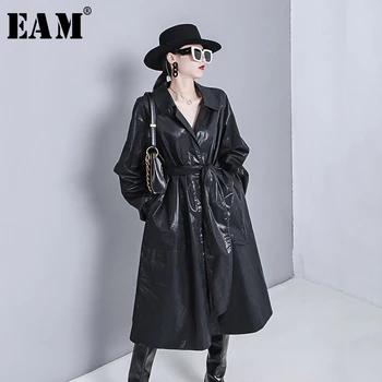 

[EAM] Women Black Bandage Thin Big Size Trench New Lapel Long Sleeve Loose Fit Windbreaker Fashion Tide Spring 2020 1R778