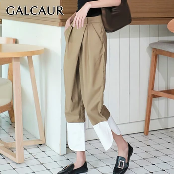 

GALCAUR Korean Elegant Pant For Woman High Waist Pocket Patchwork Hit Color Large Size Harem Long Trouser Female Fashion 2020