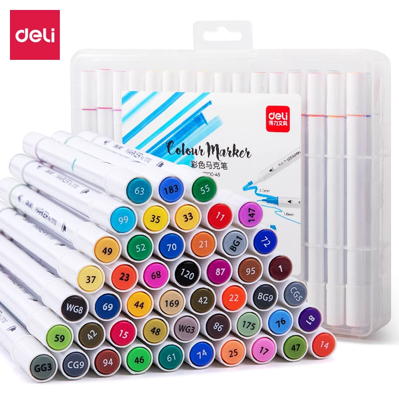 

Deli Double-headed Marker Pen 70700 Set Watercolor Pen 12/24/36/48 Color Oily Boxed Student Hand-painted Design Animation Art