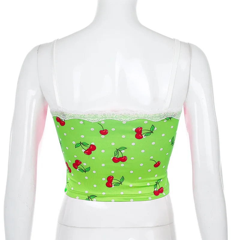 Sexy Kawaii Y2k Crop Top Sweet Spaghetti Strap Cherry Leopard Print Lace Cami Top Streetwear 90s Womens Tank Tops Canotta Donna